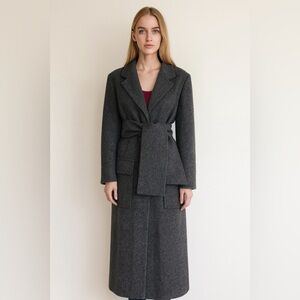 Vintage Harve Bernard Long Tall Coat Alpaca Wool Belt Bow Gray 14